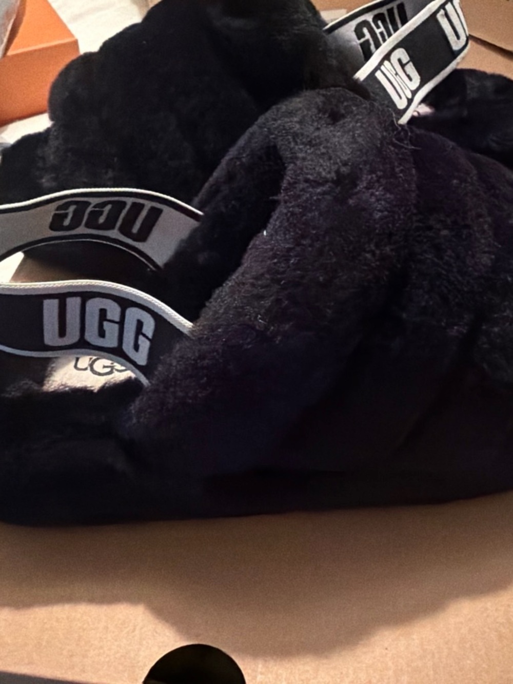 UGG Black Plush Slide Sandals with UGG Branded Elastic Strap